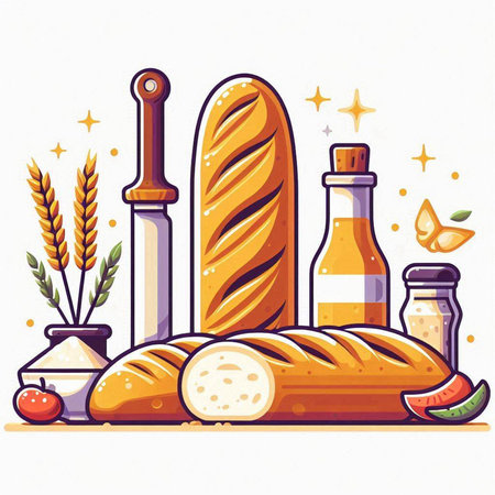 Vector illustration of bread loaf and ingredients for cooking on white background.のイラスト素材
