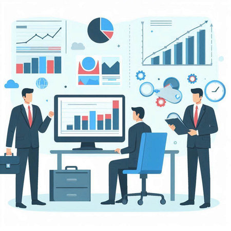 Vector illustration of business people working in office. Colleagues work with charts and graphs. Teamwork concept.のイラスト素材