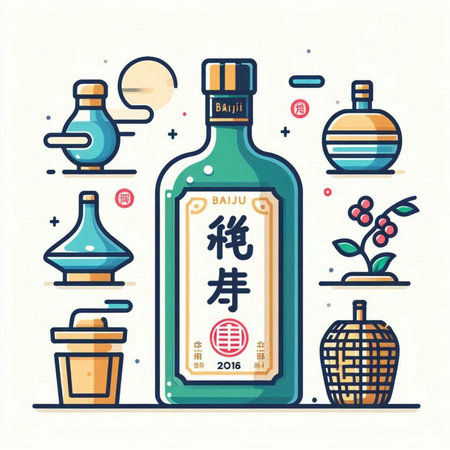 Chinese tequila bottle with hieroglyphs. Vector illustration.のイラスト素材
