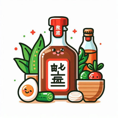 Soy sauce in bottle and ingredients on white background. Vector illustration.のイラスト素材