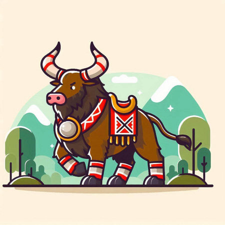 Vector illustration of a bull wearing a bandana dancing in the parkのイラスト素材