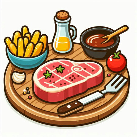 Steak with french fries and sauce on wooden board. Vector illustration.のイラスト素材
