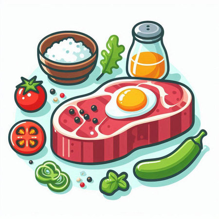 Steak and ingredients for cooking. Vector illustration on white background.のイラスト素材