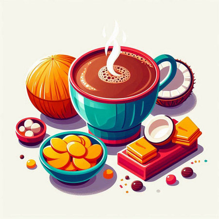 Cup of coffee with sweets on a light background. Vector illustrationのイラスト素材