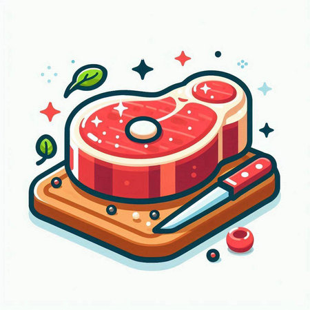 Steak on cutting board and knife. Vector illustration in cartoon style.のイラスト素材