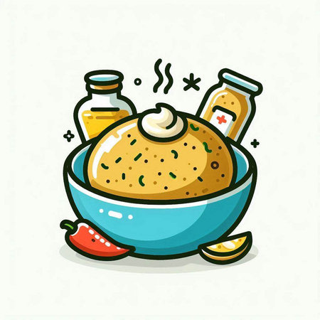Rice in bowl with chilli sauce. Vector illustration in cartoon style.のイラスト素材