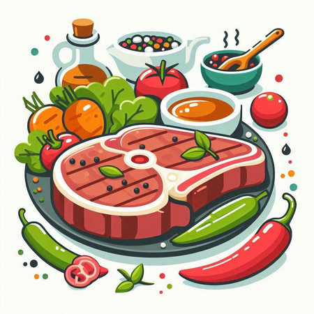 Steak with vegetables and spices on a plate. Vector illustration.のイラスト素材