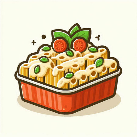 Illustration of a box of lasagna with tomato and basil.のイラスト素材