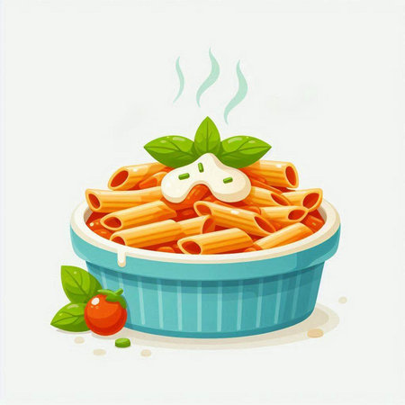 Illustration of a bowl of penne pasta with tomato sauce and basilのイラスト素材