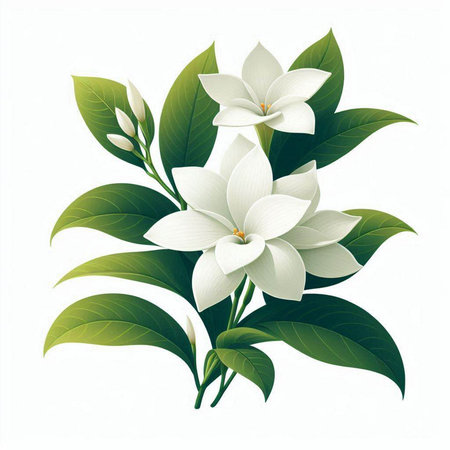 White magnolia flowers and leaves isolated on white background. Vector illustration.のイラスト素材