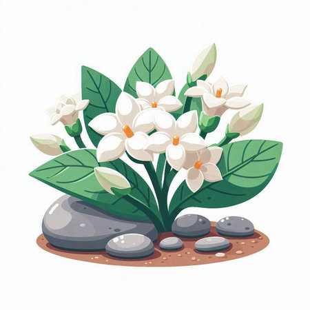 Illustration of white jasmine flower with green leaves and stonesのイラスト素材