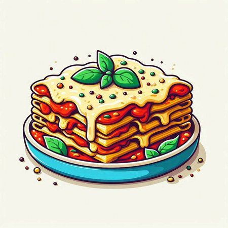 Illustration of a stack of pancakes on a plate with mint and tomato sauceのイラスト素材