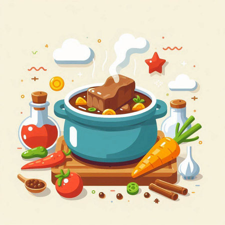 Vector illustration of a cooking pot with stewed meat and vegetables.のイラスト素材