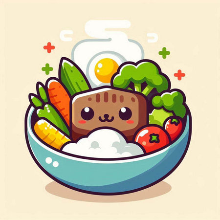 Vegetable salad in bowl. Cute cartoon character illustration.のイラスト素材