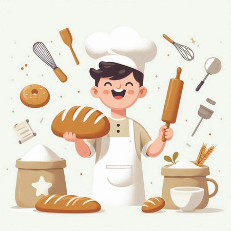 Cute cartoon chef with bread and rolling pin. Vector illustration.のイラスト素材