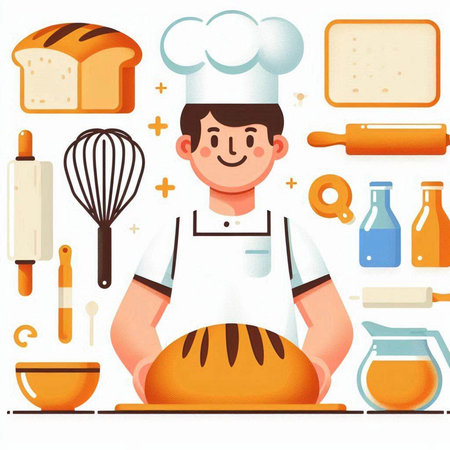 Baker man with bread and kitchen utensils. Vector illustrationのイラスト素材
