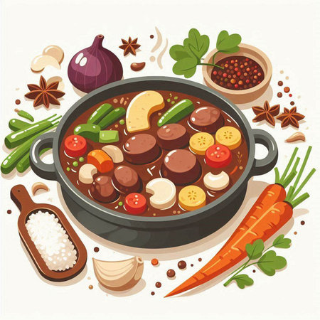 Illustration of meatballs in a saucepan with vegetables and spicesのイラスト素材