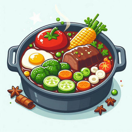 Illustration of a beef stew with vegetables and eggs in a potのイラスト素材