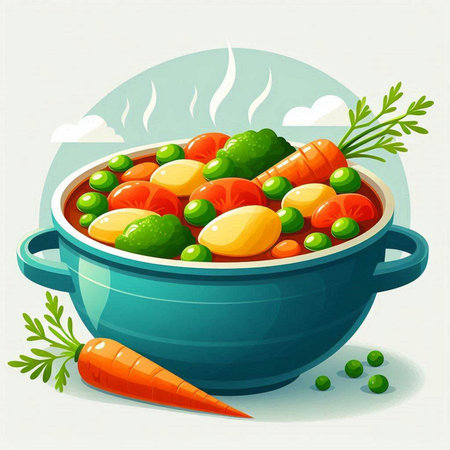 Illustration of a bowl of vegetable stew with carrots and peas.のイラスト素材