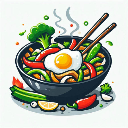 Bowl of Asian noodle with fried egg and vegetables. Vector illustration.のイラスト素材