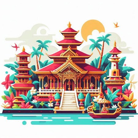 Thai temple on the beach. Vector illustration in flat style.のイラスト素材