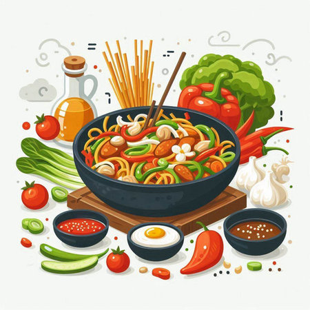 Noodles in a bowl with vegetables and sauce. Vector illustration.のイラスト素材