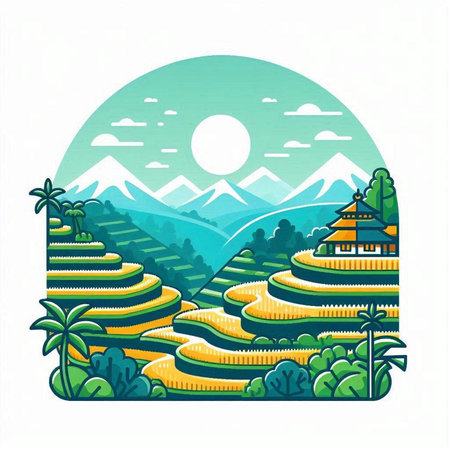Rice terraces with mountain in the background. Vector illustration.のイラスト素材