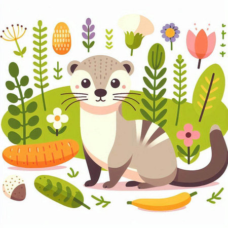 Cute ferret in the garden. Vector illustration. Flat style.のイラスト素材