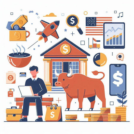 Business and finance concept. Vector illustration in flat design style. Businessman with laptop, piggy bank, briefcase, money, coins and other elements.のイラスト素材