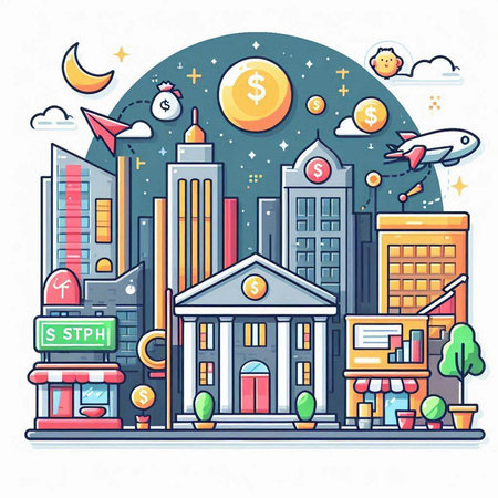 Business and finance concept. Cityscape with buildings, skyscrapers, business centers, office buildings. Flat vector illustration.のイラスト素材