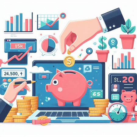 Piggy bank on laptop screen. Online banking, online payment, financial transaction. Vector illustrationのイラスト素材