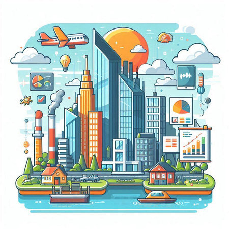 Cityscape with buildings and skyscrapers. Vector illustration in flat styleのイラスト素材