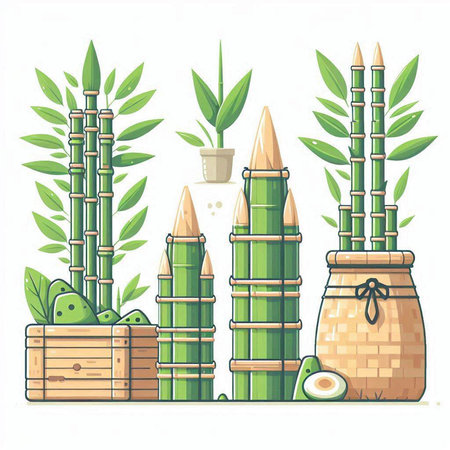 Set of bamboo plants in pots. Vector illustration in cartoon style.のイラスト素材