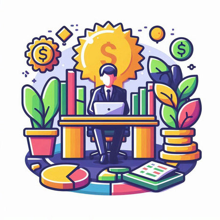 Businessman working at the office. Vector illustration in a flat styleのイラスト素材