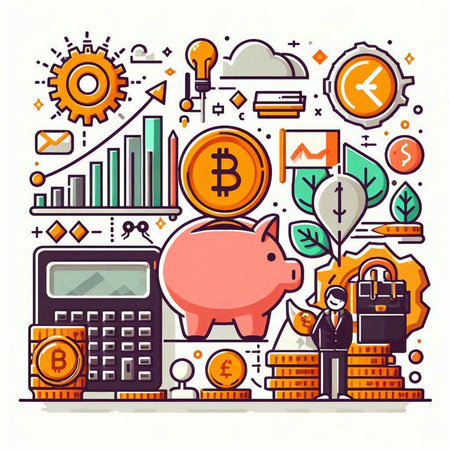 Piggy bank with bitcoin symbol, set of icons on white background. Vector illustrationのイラスト素材