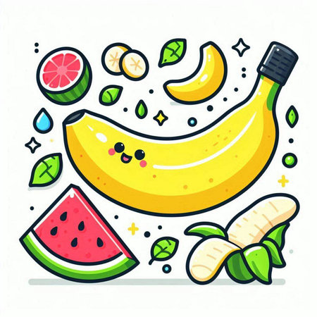 Banana, watermelon, watermelon, banana, lemon, lime. Vector illustration.のイラスト素材