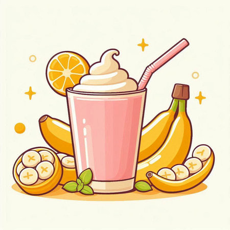 Banana milkshake with whipped cream and fresh bananas. Vector illustration.のイラスト素材