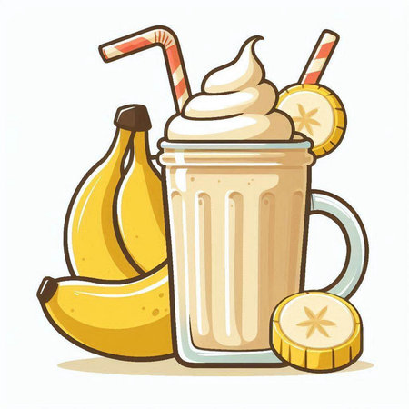 Banana milkshake with whipped cream and fresh bananas. Vector illustration.のイラスト素材