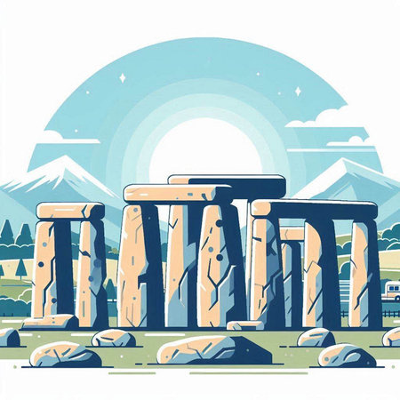 Stonehenge in Greece. Landscape with ancient temple. Vector illustrationのイラスト素材