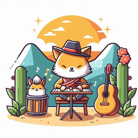 Illustration of a Cute Fox in a Hat Playing Musical Instrumentsのイラスト素材