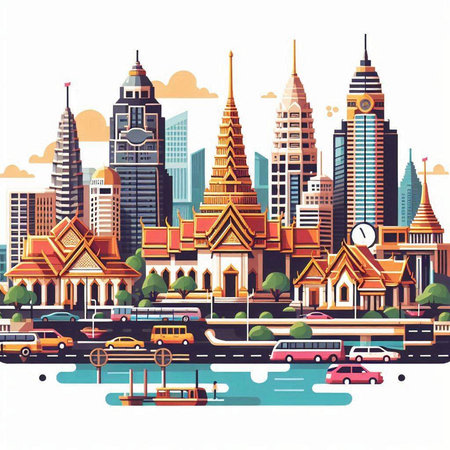 Bangkok cityscape, Thailand. Landmarks of Thailand. Vector illustrationのイラスト素材