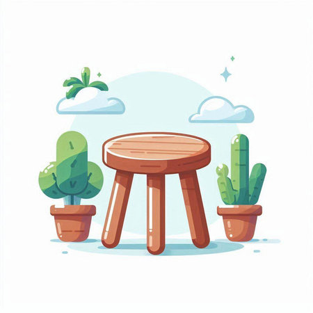 Vector illustration of a wooden table and cactuses in pots.のイラスト素材
