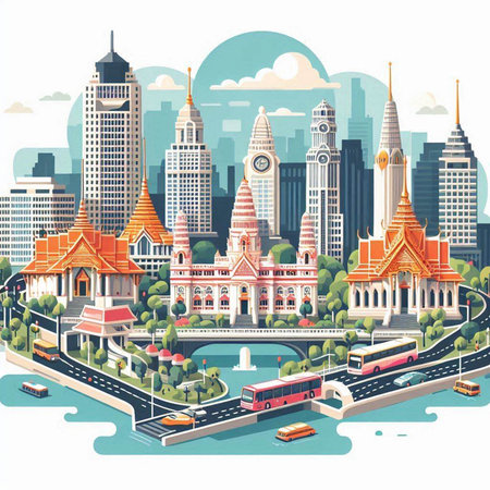 Bangkok, Thailand. Cityscape with famous landmarks. Vector illustrationのイラスト素材