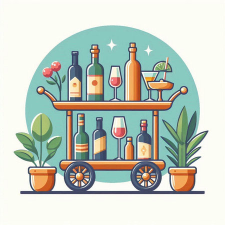 Vector illustration of a wine shop with bottles, glasses and a cartのイラスト素材