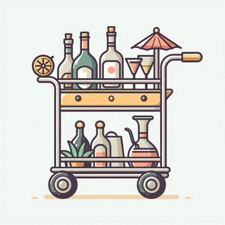 Cocktail bar trolley with bottles and glasses. Vector illustrationのイラスト素材