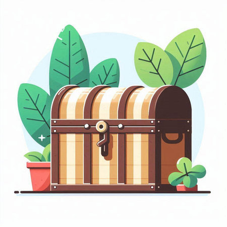 Treasure chest with green leaves. Vector illustration in flat style.のイラスト素材