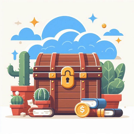 Treasure chest, cactus, flash drive and coin. Vector illustrationのイラスト素材