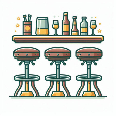 Bar counter with beer bottles and glasses. Vector illustration in flat styleのイラスト素材