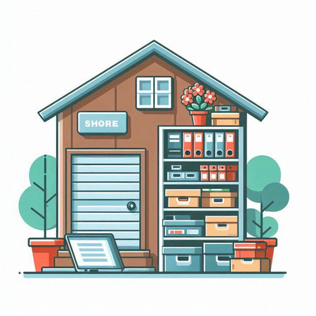 Vector illustration of a flat design of a house with a garage.のイラスト素材