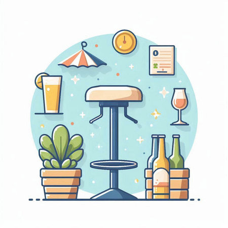 Vector illustration with bar counter, beer bottles, glasses and tent. Flat style design.のイラスト素材